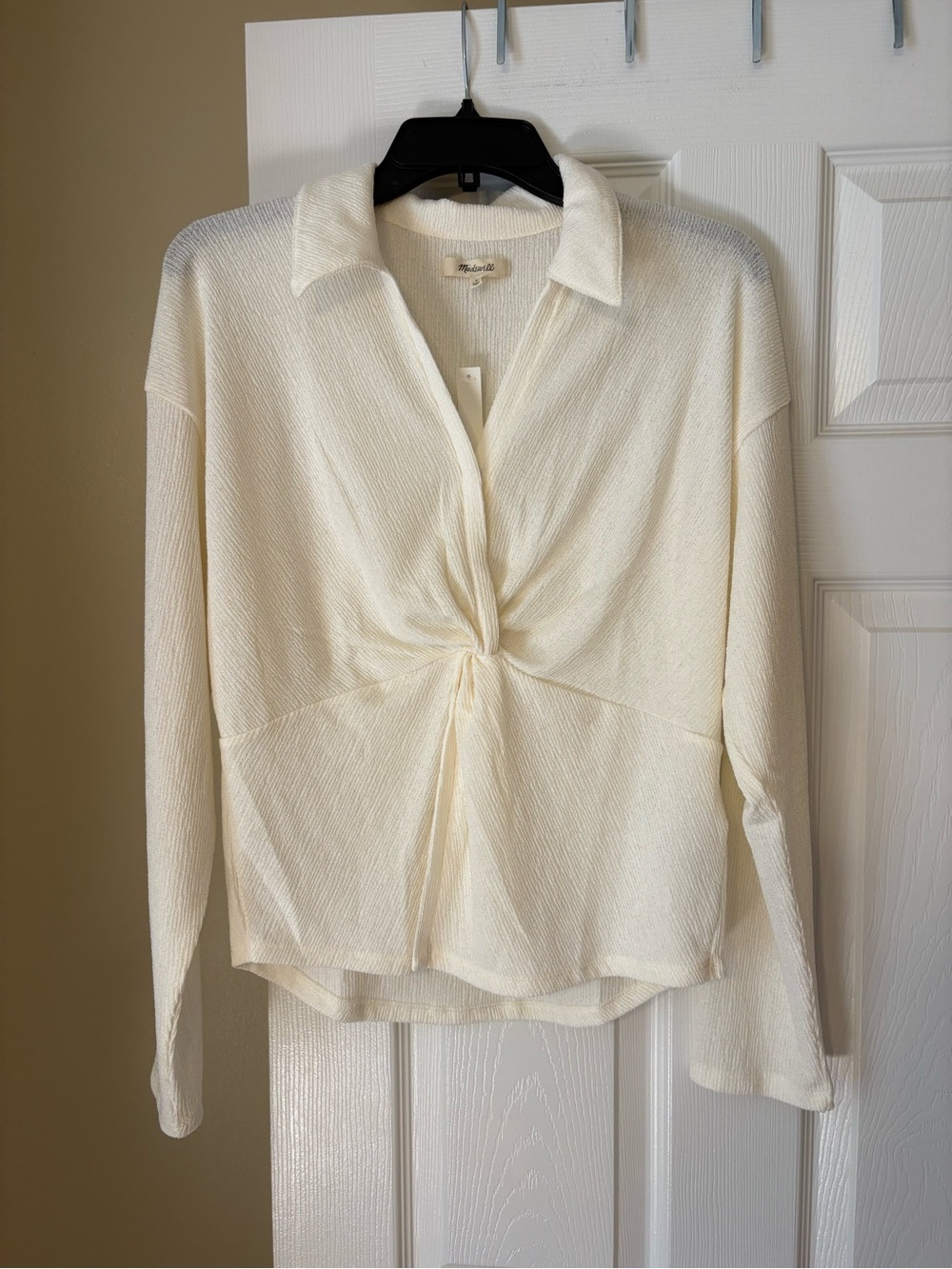 Madewell Twist Front Top NWT Ivory Long Sleeve Collared Textured Blouse
